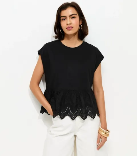 Black Broderie Anglaise Hem T-Shirt