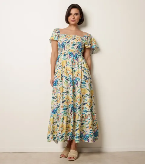 Yellow Tropical Print Midi Dress