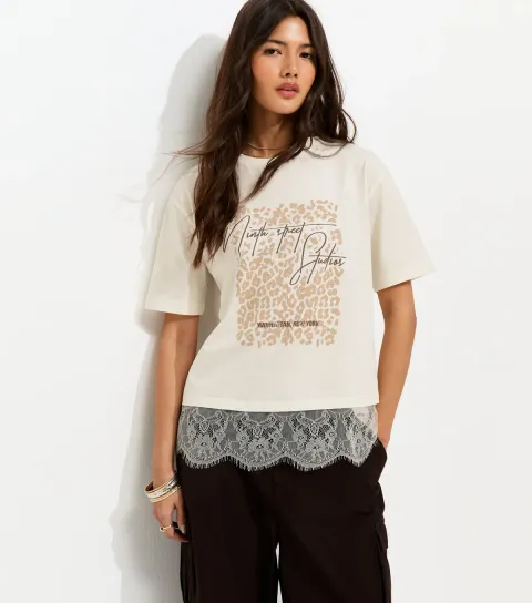 Cream Cotton Leopard Lace Trim T-Shirt