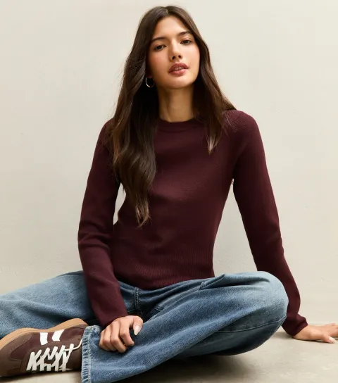 Dark Purple Ribbed Knit Crew Neck Jumper