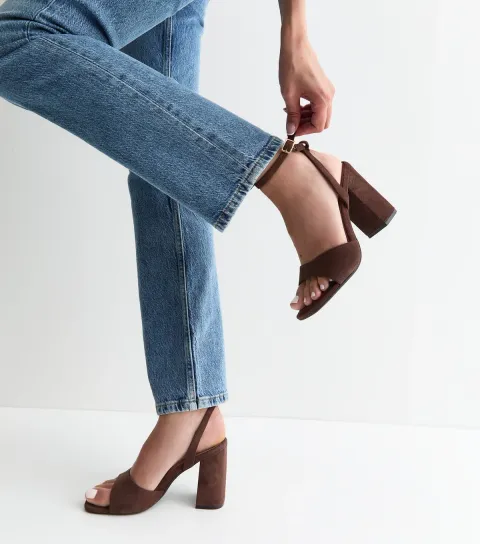 Premium Real Leather Dark Brown Suede Block Heel Sandals