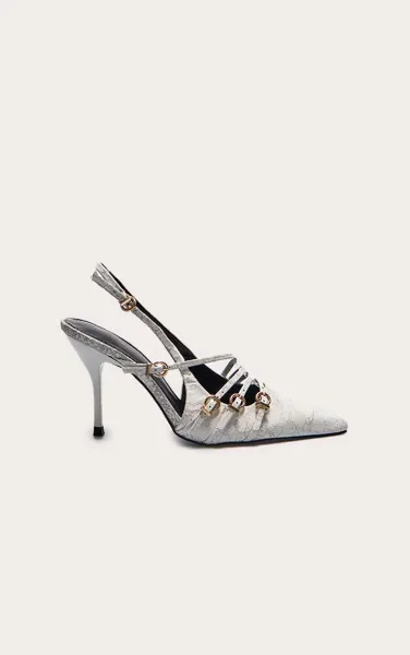 White Cracked Pu Point Toe Multi Buckle Low Heeled Court Shoes