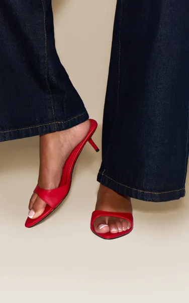 Red Pu Point Toe Thin Strap Low Stiletto Heeled Mules