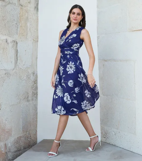 Blue Floral Sleeveless Floral Wrap Midi Dress