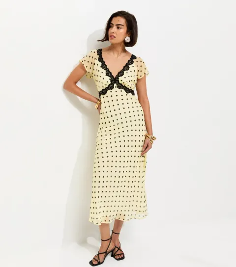 Yellow Spot Print Chiffon Lace Trim Cap Sleeve Midi Dress