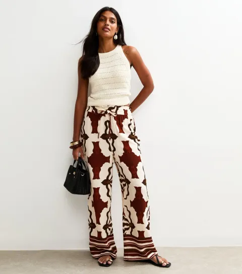 Brown Abstract Print Wide Leg Trousers