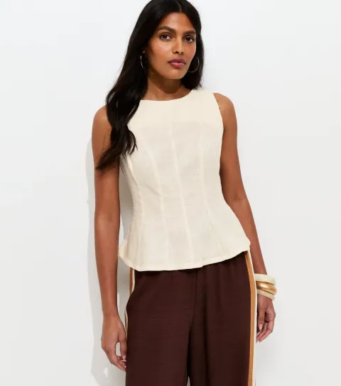 Off White Linen Blend Peplum Top