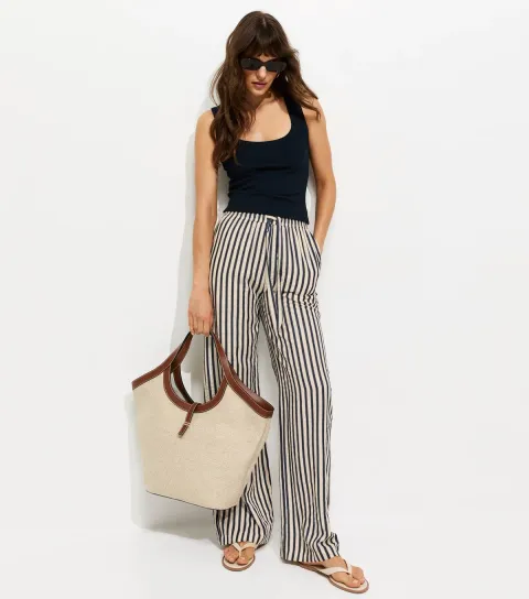 Tall Blue Seersucker Stripe Wide Leg Trousers