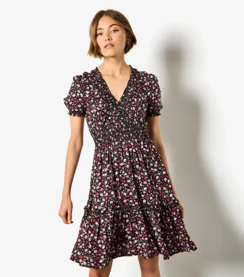 Pink Floral Print Tiered Skirt Mini Dress