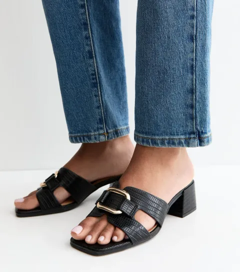 Black Faux Leather Square Toe Block Heel Mule Sandals Vegan