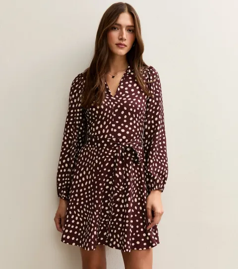 Dark Red Spotty Crinkled Long Sleeve Mini Dress