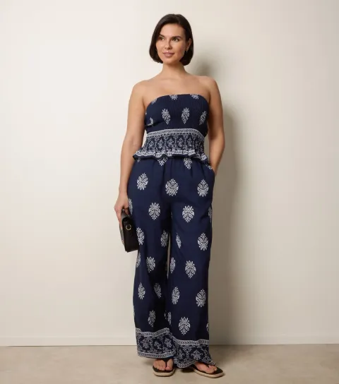 Navy Bandeau Top and Wide Leg Trousers Set