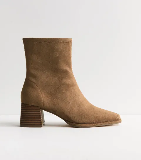 Camel Faux Suede Stacked Heel Ankle Boots Vegan