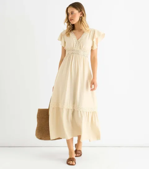 Oatmeal Lace Trim Midi Dress