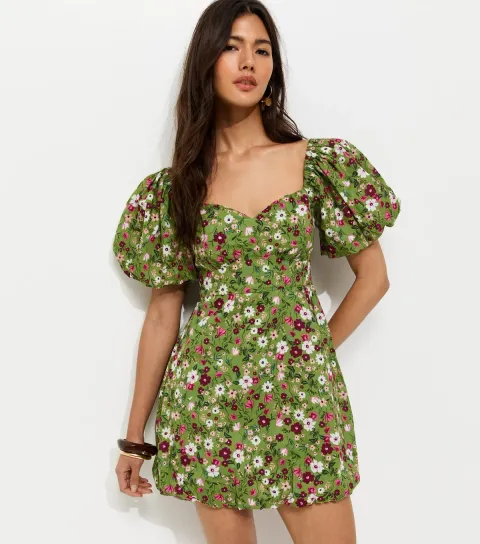 Green Floral Print Milkmaid Mini Dress