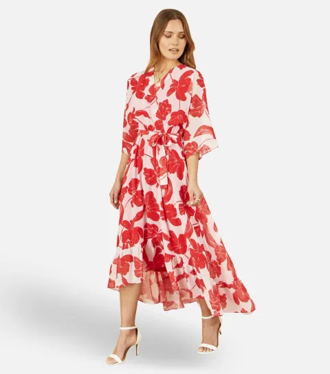 Red Floral Print Wrap Style Midi Dress