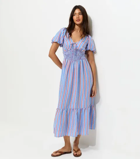 Blue Striped Puff Sleeve Shirred Waist Midi Dress