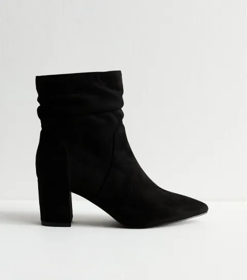 Black Faux Suede Ruched Effect Ankle Boots Vegan
