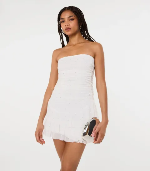 Off White Diamante Ruffle Mini Dress