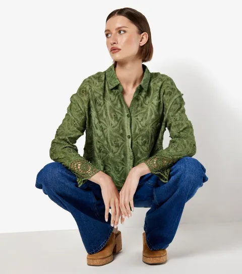 Dark Khaki Textured Floral Crochet Blouse