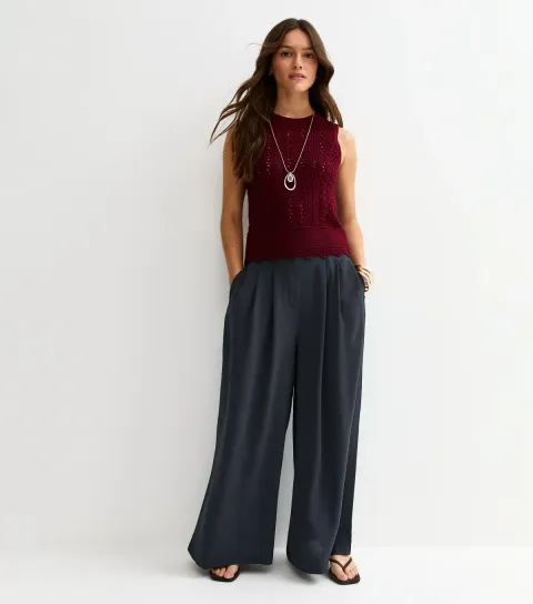 Petite Navy Tailored Wide Leg Trousers