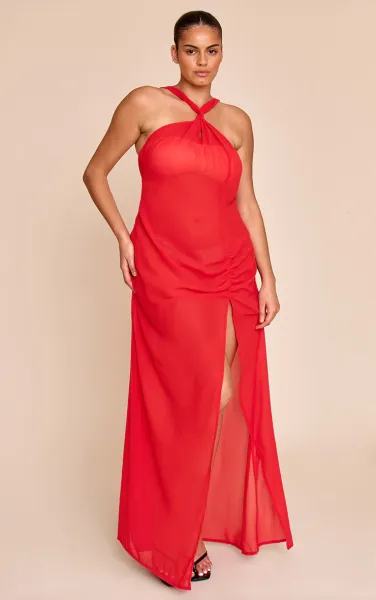 Plus Red Halter Neck Chiffon Maxi Beach Dress