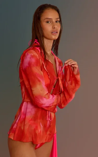 Orange Ombre Print Long Sleeve Tie Front Beach Shirt