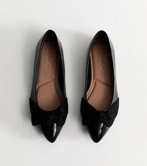 Wide Fit Black Faux Patent Leather Bow Ballet Flats Vegan