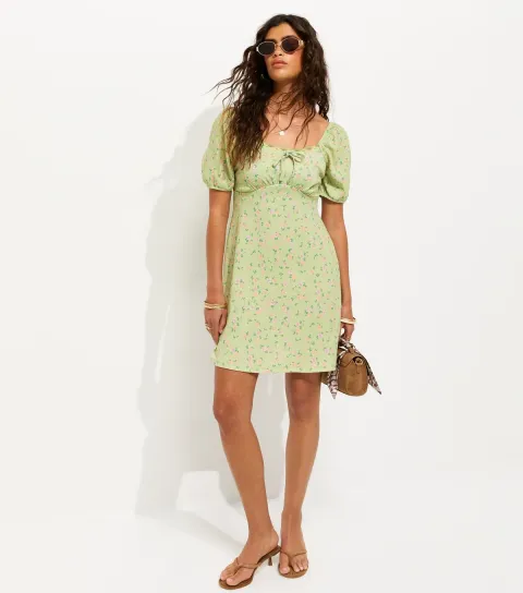 Green Floral Lace Trim Milkmaid Mini Dress