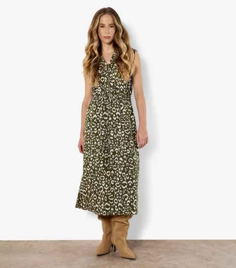 Dark Khaki Animal Print Zip Midi Dress