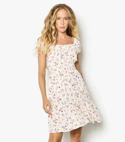 Cream Floral Print Milkmaid Mini Dress