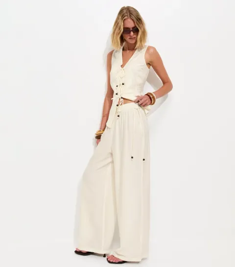 Off White Beaded Tie Wide Leg Trousers