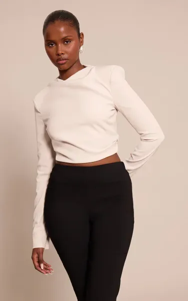 Stone Woven Shoulder Pad Detail Long Sleeve Top