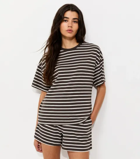 Brown Cotton Striped Boxy Crew Neck T-Shirt