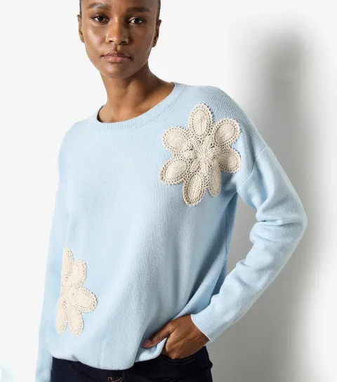 Blue Contrast Crochet Florals Jumper