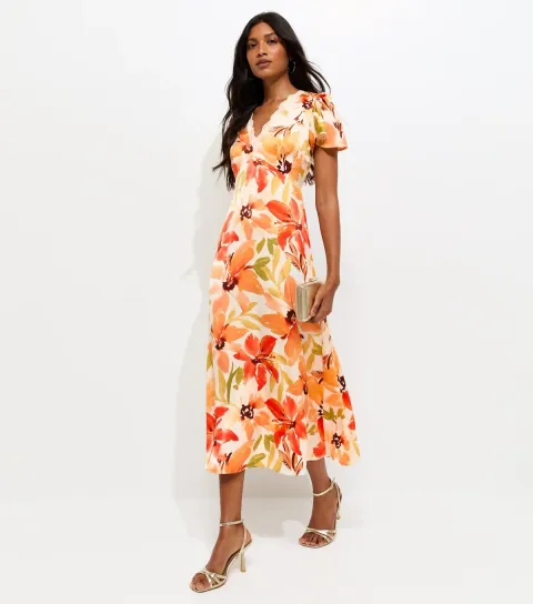 Orange Floral Watercolour Short Sleeve Midi Dress