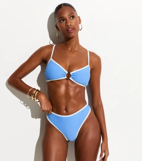 Light Blue Contrast Hem High Leg Hipster Bikini Bottoms