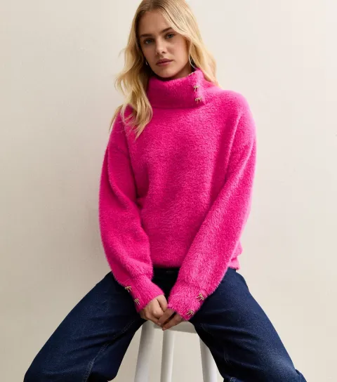 Mid Pink Fluffy Roll Neck Jumper
