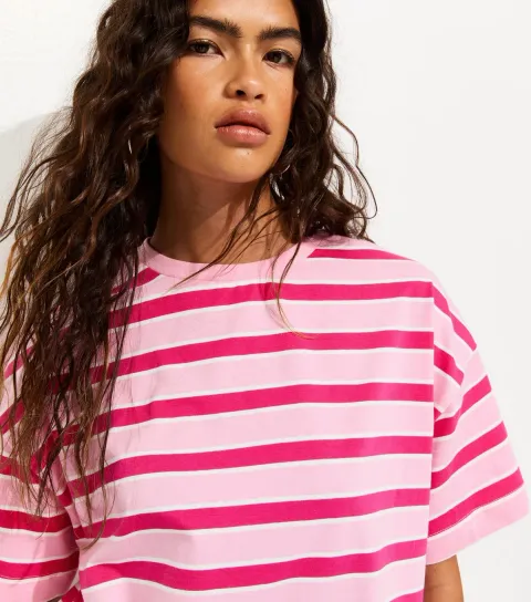 Pink Striped Boxy Crew Neck T-Shirt