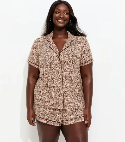 Plus Size Brown Leopard Print Revere Collar Pyjama Shorts Set Curves