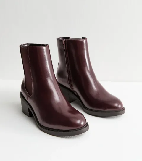 Wide Fit Dark Burgundy Faux Leather Chelsea Heeled Ankle Boots Vegan