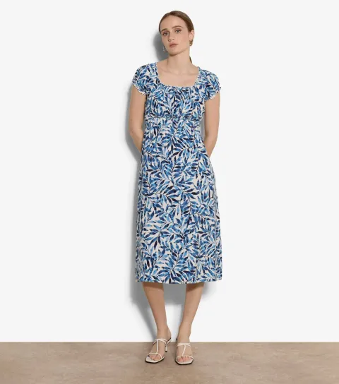 Blue Watercolour Leaf Short Sleeve Midi Dress