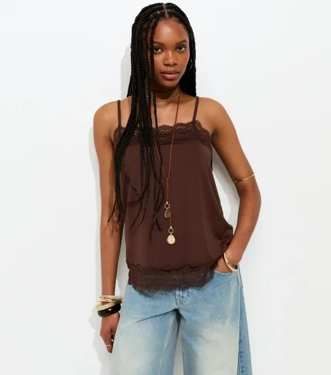 Dark Brown Longline Lace Trim Cami Top