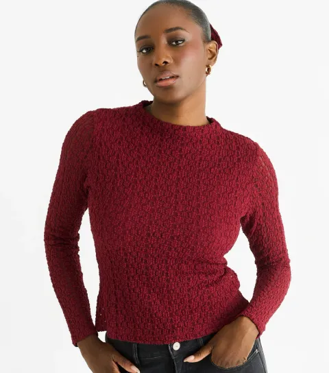 Burgundy Jersey Lace Long Sleeve Top