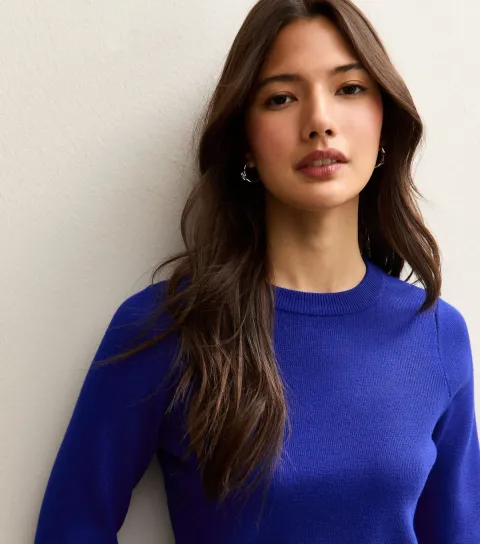 Bright Blue Ribbed Knit Crew Neck Jumper