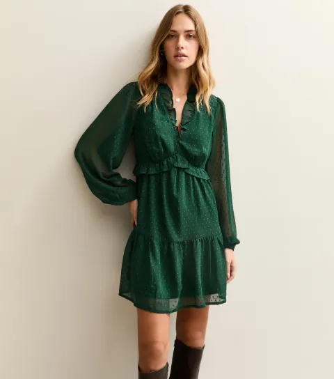 Dark Green Dobby Frill Mini Dress