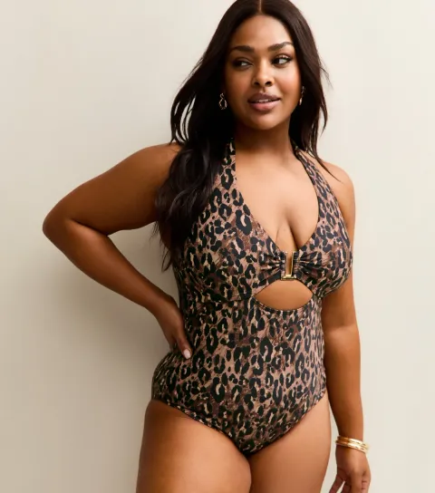 Plus Size Brown Animal Print Halter Neck Swimsuit Curves
