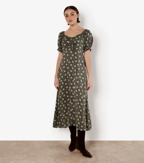 Khaki Floral Print Midi Dress