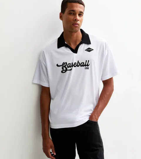 White Collared Relaxed Fit Baseball Logo Short Sleeve T-shirt