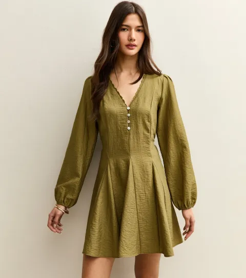 Light Khaki Long Sleeve Godet Mini Dress